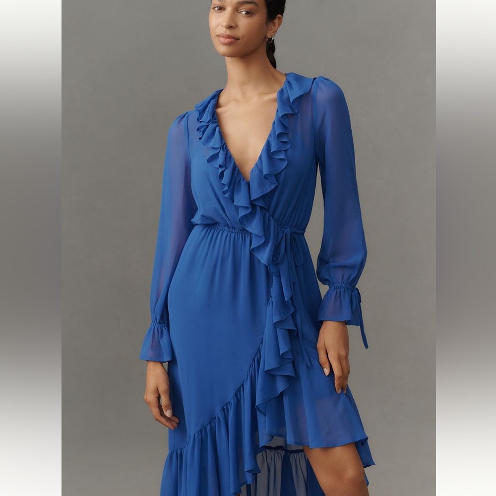 Anthropologie Elegant Ruffled Wrap Dress in Cobalt Blue